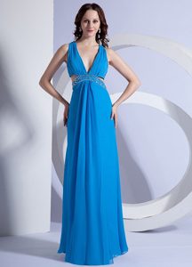 Empire V-neck Crisscross Back Sky Blue Dresses for Prom