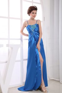 Exquisite Spaghetti Straps Slitted Appliqued Long Prom Dress