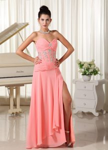 Hot Sale Watermelon Beaded Slitted Sweetheart Prom Dresses