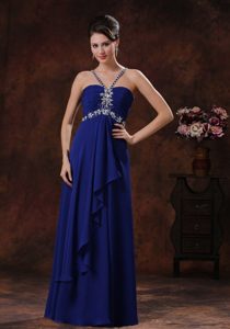 2013 Beaded Straps Royal Blue Prom Dress with V-neck and Ruffle