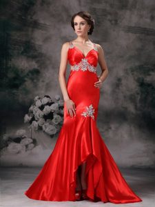 High-low Straps Red Appliqued Prom Dress with Crisscross Back