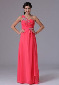 Pretty Coral Red Chiffon One Shoulder Beaded Dresses for Prom