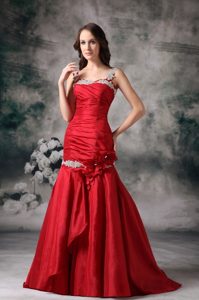 Appliqued Straps Flowers Red Taffeta Prom Dress Brush Train