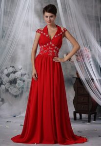 Red Halter Beading Ruches Brush Train Chiffon Prom Maxi Dress 2013