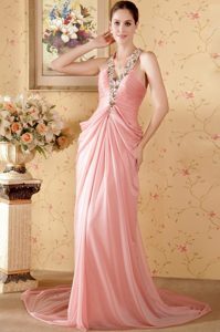 Watermelon Halter Court Train Beading Chiffon Prom formal Dresses