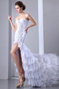 Qualified High-Low Beaded White Prom Dress with Ruffled Layers