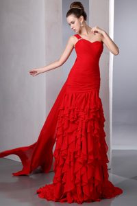 Red One Shoulder Watteau Train Ruffled Prom Dress for Girls