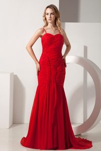 Red Mermaid Ruches Brush Train Prom formal Dress Spaghetti Straps