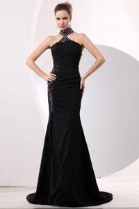 High-Neck Black Beaded Prom Dress with Cutouts on Back