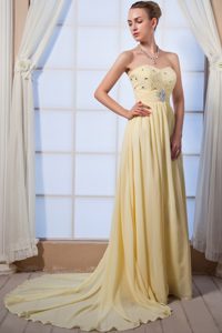 Beading Brush Train Accent Prom Dama Dresses in Light Yellow 2014