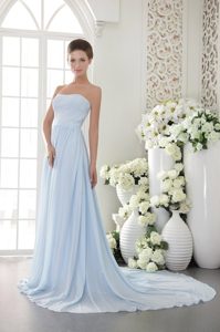 Chiffon Strapless Light Blue Brush Train Prom Dress for Girls