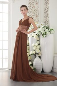 Brown V-neck Brush Train Prom Homecoming Dress with Beading Sash