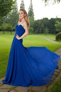 Blue Slitted Ruched Sweetheart Prom Gown Dress Brush Train