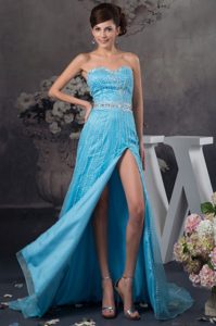 High Slitted Sweetheart Beaded Aqua Blue Prom Evening Dress