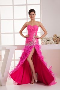 Ruched Appliqued Sweetheart Hot Pink Feather Prom Gown Dress