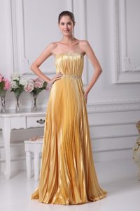 Gold Strapless Pleated Beaded Prom Dress for Girls Floor-length
