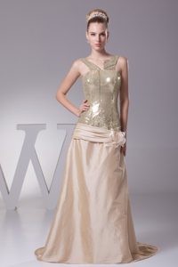 Sequin Taffeta Champagne Prom Evening Dress with Flower