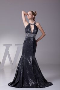 Shimmery Lace-Up Halter Beaded Black Prom Dress Sweep Train