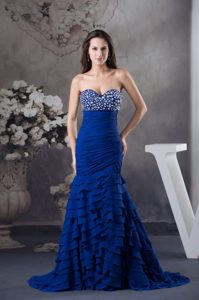 Ruffled Sweetheart Royal Blue Dress for Prom with Rhinestones