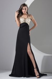 Brush Train Beaded Black Prom Holiday Dress Special Neckline