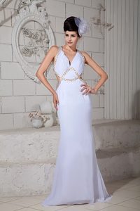 Beaded and Ruched V-neck Prom Holiday Dress with Criss Cross Back