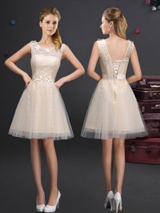 Pretty Scoop Mini Length Lace Up Quinceanera Court of Honor Dress Champagne and In for Prom and Party and Wedding Party with Lace and Appliques and Belt