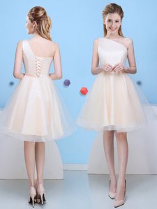 One Shoulder Knee Length Champagne Dama Dress for Quinceanera Tulle Sleeveless Bowknot