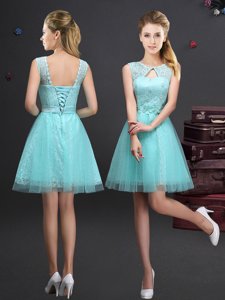 Pretty Scoop Sleeveless Quinceanera Court of Honor Dress Mini Length Lace and Appliques and Belt Aqua Blue Tulle