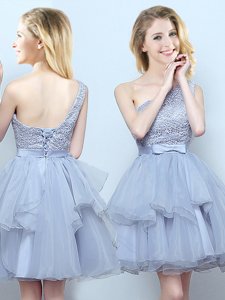 Lavender Damas Dress Prom and Party and Wedding Party and For with Lace and Appliques and Belt One Shoulder Sleeveless Lace Up