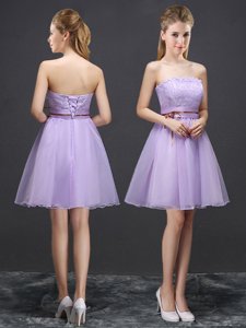Comfortable Lavender Organza Lace Up Strapless Sleeveless Mini Length Dama Dress Lace and Belt