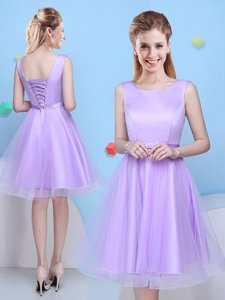 Scoop Appliques and Ruching and Belt Vestidos de Damas Lavender Lace Up Half Sleeves Mini Length