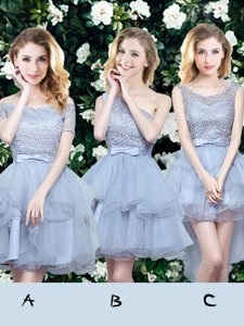 Organza Off The Shoulder Sleeveless Lace Up Lace and Ruffles and Belt Quinceanera Court Dresses in Grey