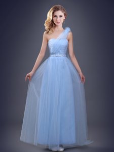 One Shoulder Light Blue Sleeveless Tulle Lace Up Quinceanera Dama Dress for Prom and Party and Wedding Party