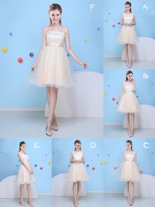 Charming Sleeveless Tulle Knee Length Lace Up Court Dresses for Sweet 16 in Champagne for with Bowknot