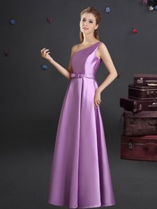 One Shoulder Elastic Woven Satin Sleeveless Floor Length Dama Dress for Quinceanera and Bowknot