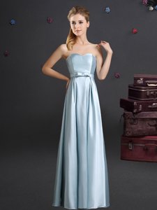 Admirable Floor Length Light Blue Dama Dress for Quinceanera Elastic Woven Satin Sleeveless Bowknot