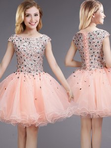 Sequins Mini Length Pink Quinceanera Court of Honor Dress Bateau Cap Sleeves Lace Up