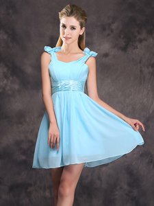 Baby Blue Straps Neckline Ruching and Bowknot Damas Dress Sleeveless Zipper