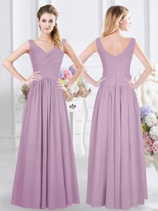 Lavender Chiffon Zipper Sleeveless Floor Length Vestidos de Damas Ruching