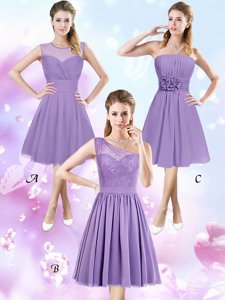 Elegant Scoop Sleeveless Knee Length Lace and Ruching and Hand Made Flower Zipper Quinceanera Dama Dress with Lavender