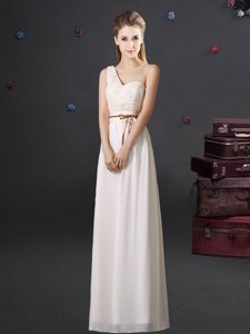 One Shoulder White Chiffon Lace Up Damas Dress Sleeveless Floor Length Lace and Appliques and Belt
