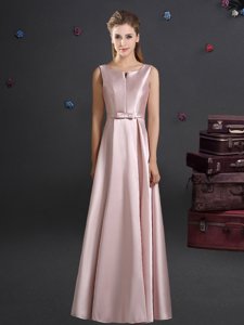High Class Pink Elastic Woven Satin Zipper Straps Sleeveless Floor Length Quinceanera Dama Dress Bowknot