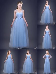 Low Price Light Blue Empire Tulle Sleeveless Beading and Appliques and Ruching and Bowknot and Hand Made Flower Floor Length Lace Up Damas Dress