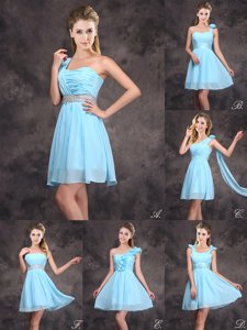 Hot Sale Sleeveless Mini Length Ruffles and Sequins and Ruching and Bowknot and Hand Made Flower Zipper Vestidos de Damas with Baby Blue