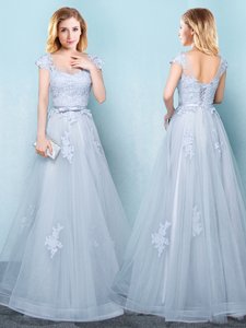 High Class Light Blue Lace Up Scoop Appliques and Belt Vestidos de Damas Tulle Cap Sleeves