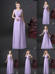 Sleeveless Chiffon Floor Length Lace Up Court Dresses for Sweet 16 in Lavender for with Lace and Appliques and Belt