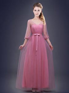 Pink Lace Up Vestidos de Damas Ruching and Bowknot Half Sleeves Floor Length