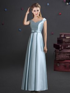 High End Off the Shoulder Light Blue Cap Sleeves Elastic Woven Satin Zipper Vestidos de Damas for Prom and Party and Wedding Party