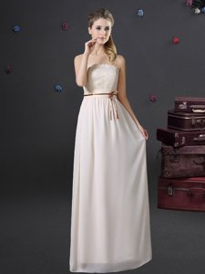 White Empire Strapless Sleeveless Chiffon Floor Length Lace Up Lace and Belt Quinceanera Court Dresses