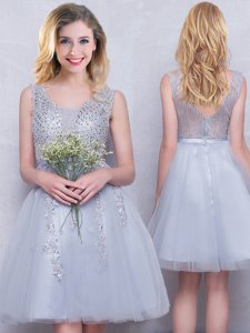 Inexpensive Scoop Grey Sleeveless Beading and Appliques Mini Length Damas Dress